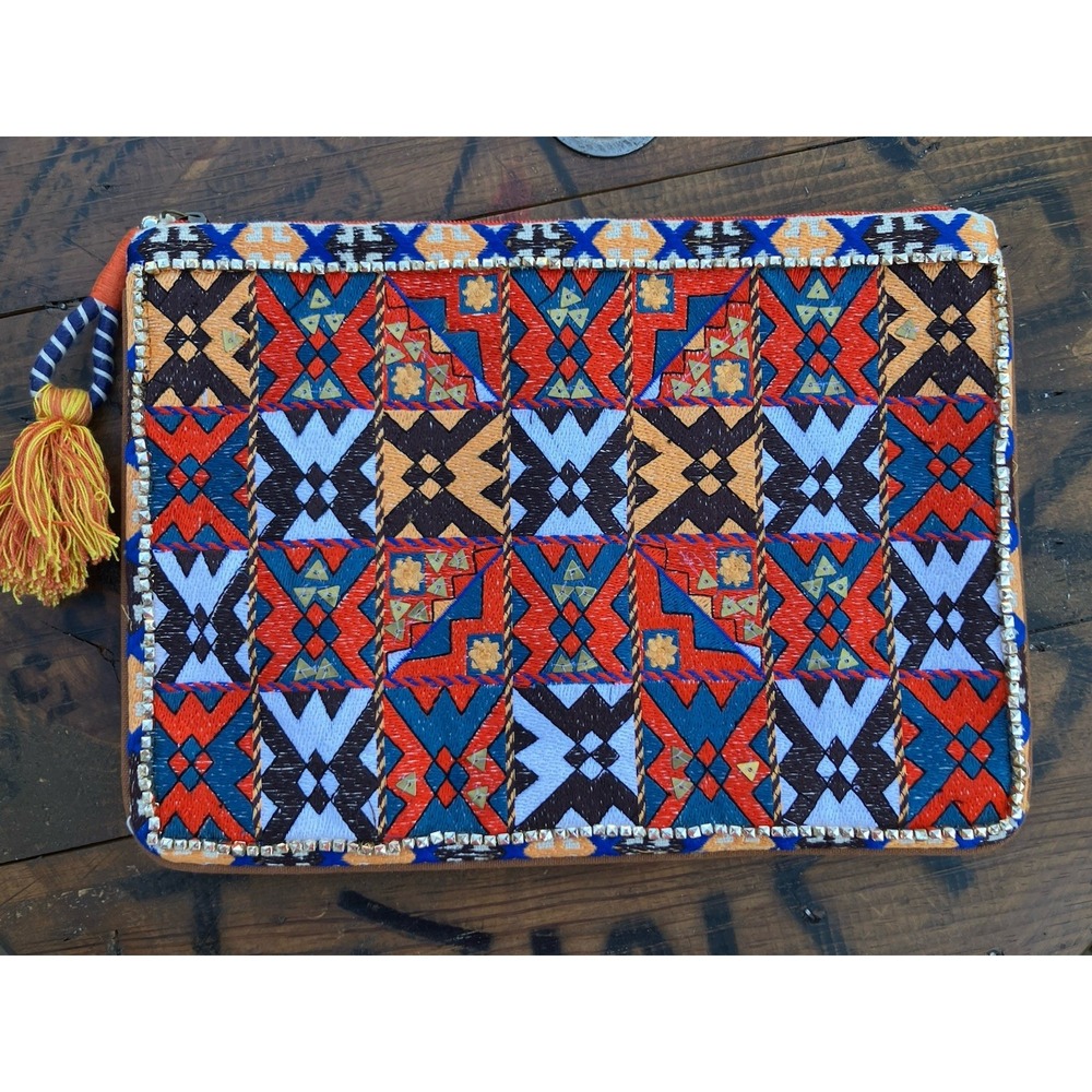 Steven Boho Embroidered Clutch Tribal Geometric Tassel Zip Pouch Bag Purse
